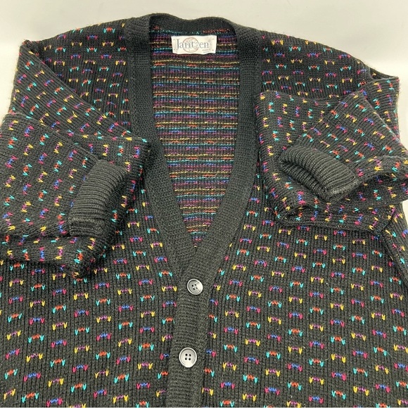 Vintage Jantzen Retro Ditsy Black Print V Neck Cardigan Sweater Size L USA Made - Picture 10 of 12
